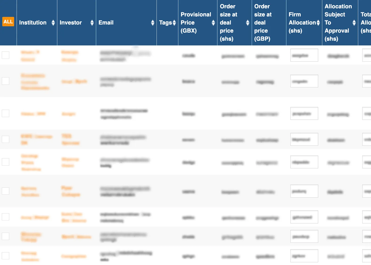 DealBridge allocation table, with firm and subject-to allocations per order; investor details and figures blurred