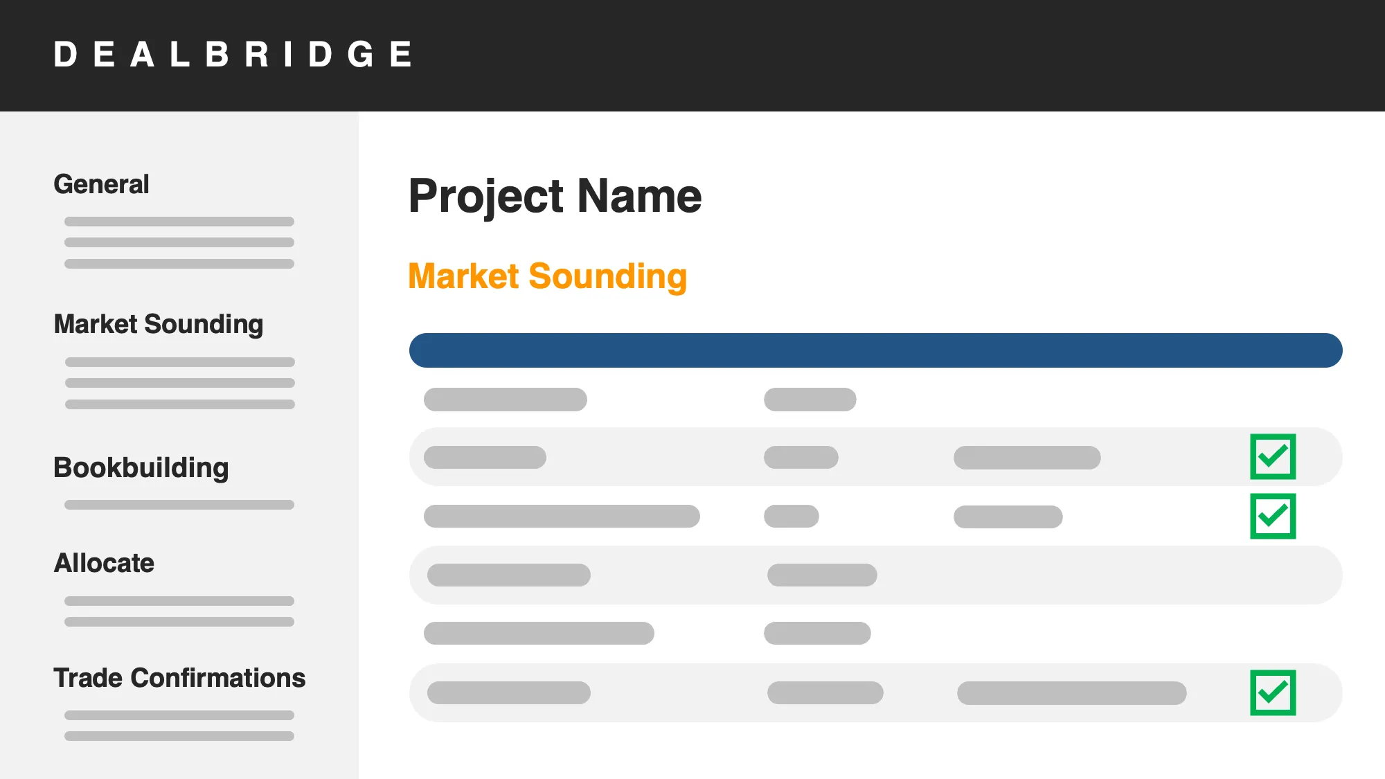 The DealBridge platform, showing a market sounding in progress